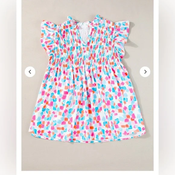 Avara Colorful Watercolor Print Smocked Babydoll Top in Pink, Blue, Green - Picture 9 of 11